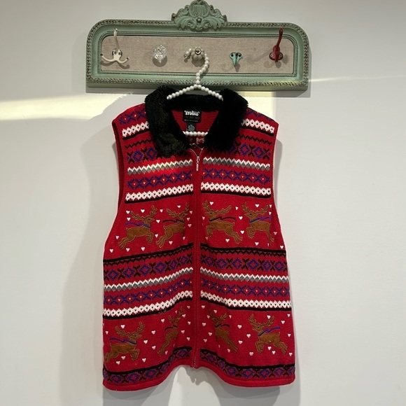 Holiday vintage woven reindeer faux fur collar sweater vest zip up plus size 2X - Picture 1 of 6